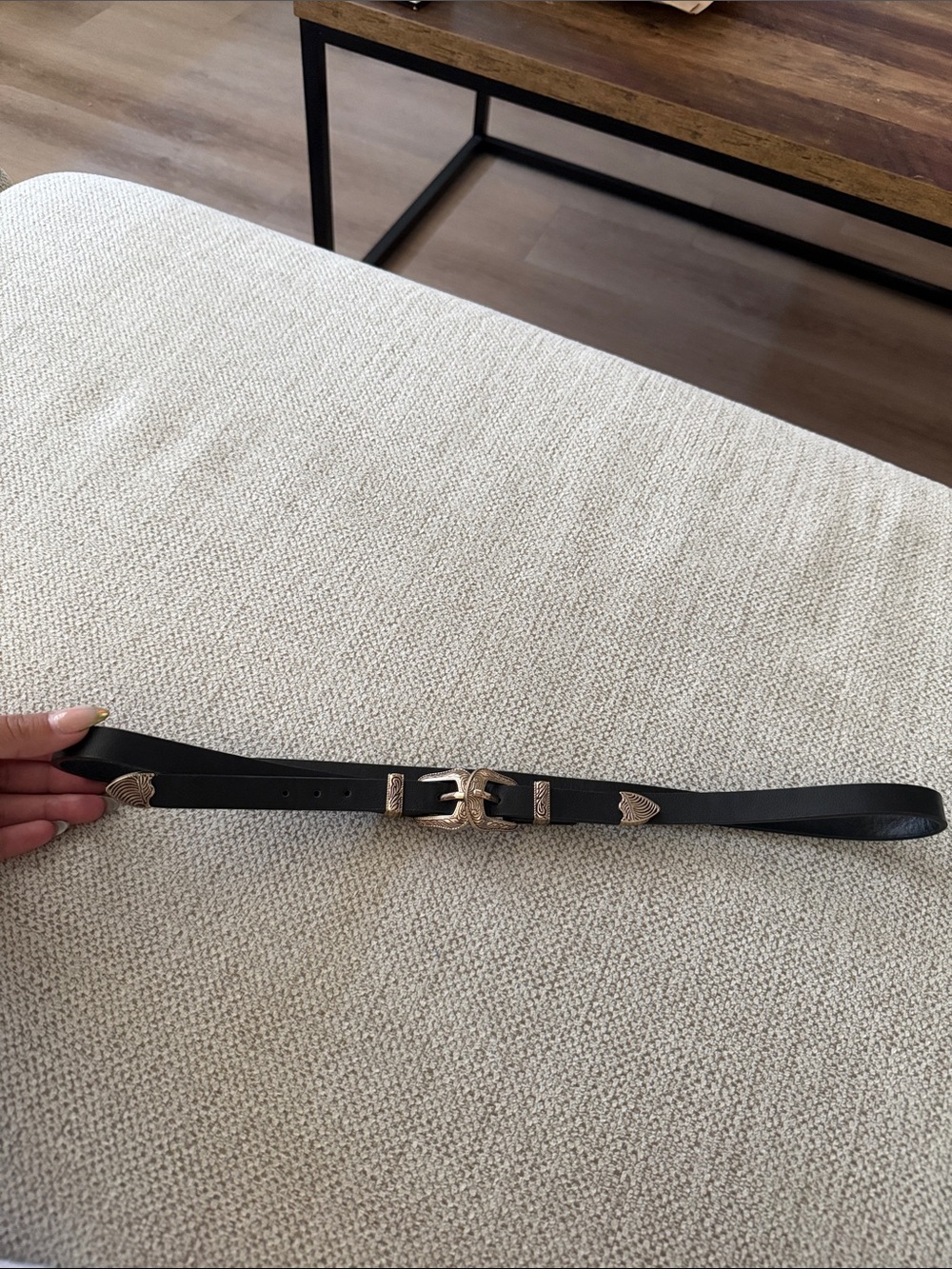 Black Leather Western-Inspired Belt with Gold Hardware